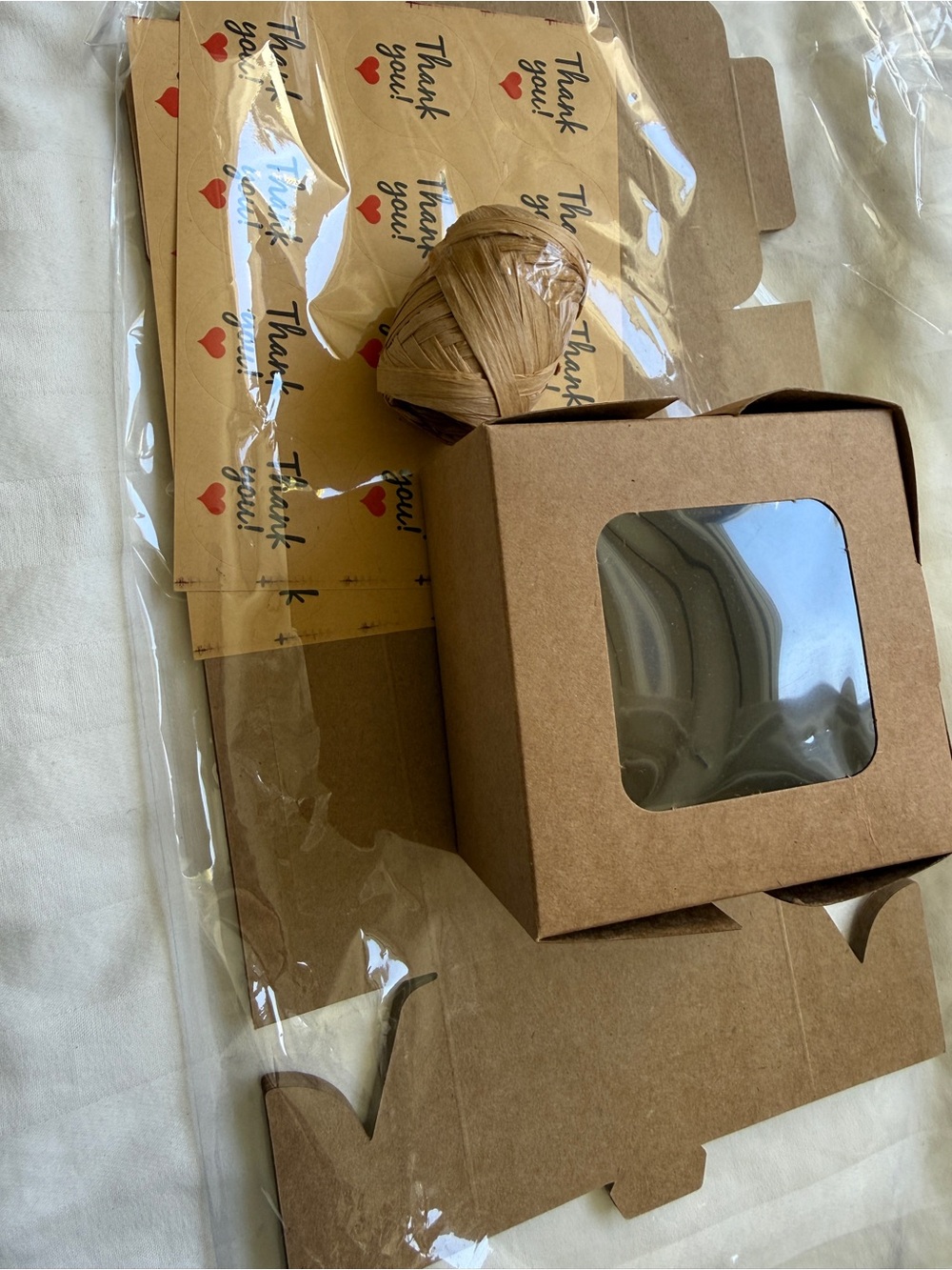 12 Windowed Bakery/ Gift Box with 12 Thank You Stickers and Raffia